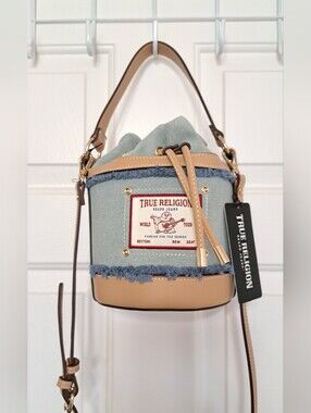 True Religion Buddha Patch Frayed Denim Bucket Bag